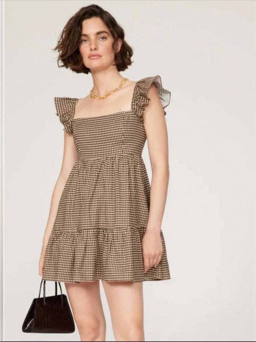Reformation Jeune Mini Dress Gingham Tartine Check Tiered Ruffle Sleeve Sundress